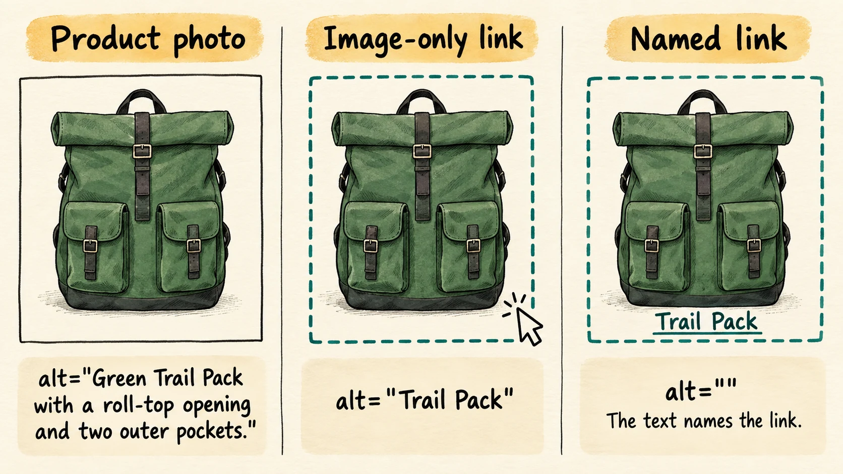 The same green backpack in three contexts: a product photo describes its features; an image-only link is named Trail Pack; a link containing the visible text Trail Pack uses an empty alt attribute on the image.